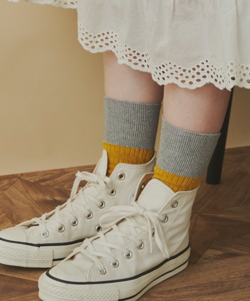 Libra Cue（リブラ キュー）の「パターン編みバイカラーソックス（ソックス/靴下・レディース・グリーン/ブラック/グレー/イエロー・FREE）」の6枚目の写真