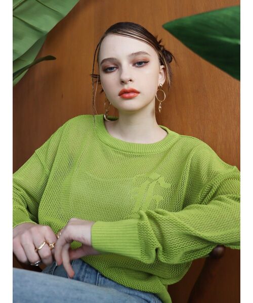 EVRIS（エヴリス）の「シアーロゴジャガードニット（ニット/セーター・レディース・ブラック/グリーン/ホワイト・FREE）」の4枚目の写真