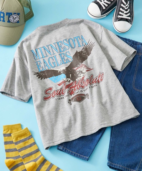 SHISKY（シスキー）の「SHISKY / シスキー ヴィンテージ 背面/ロゴプリント 杢天竺 ビックシルエット Tシャツ 半袖 キッズ（Tシャツ/カットソー・キッズ・ベージュ系1/杢グレー/ブラック系2/オートミール/グリーン系/ネイビー系/ベージュ系3/ベージュ系4/ベージュ系2/ブラック系/パープル系/ネイビー系1/ブラック系1/ベージュ系/グリーン系1/グレー系・110/120/150/130/140/160）」の4枚目の写真