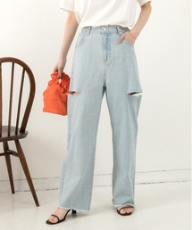 ad thie | 裾フリンジ・後ろゴム サイドカット ワイドデニム(デニムパンツ)