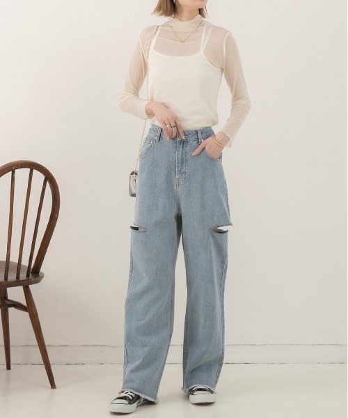 ad thie（アドティエ）の「裾フリンジ・後ろゴム サイドカット ワイドデニム（デニムパンツ・レディース・ライトブルー/ブラック/サックスブルー・FREE）」の10枚目の写真