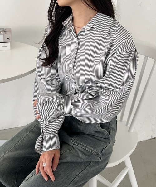 セール】2WAY ボリュームスリーブ ルーズストライプシャツトップス