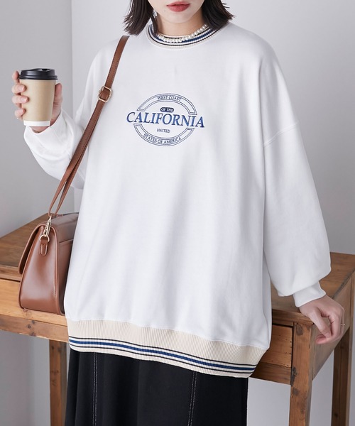 BONLECILL(ボンルシール)の「リブ配色ラインデザイン ロゴ刺繍プルオーバー(スウェット・レディース・ネイビー/オートミール/パープル/オフホワイト/ブラック・FREE)」の3枚目の写真