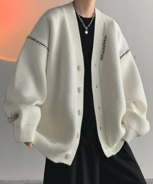 Anchor Smith（アンカー スミス）の「ハンドステッチボリュームスリーブルーズニットカーディガン（カーディガン/ボレロ・メンズ・ホワイト/ブラック・XL/M/L）」の11枚目の写真
