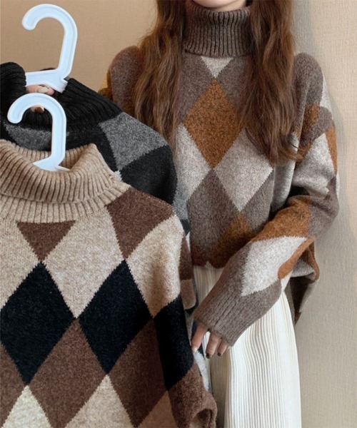 Miniministore(ミニミニストア)の「タートルネックニットトップス アーガイル(ニット/セーター・レディース・ブラウン/ライトブラウン/グレー・フリー)」の4枚目の写真