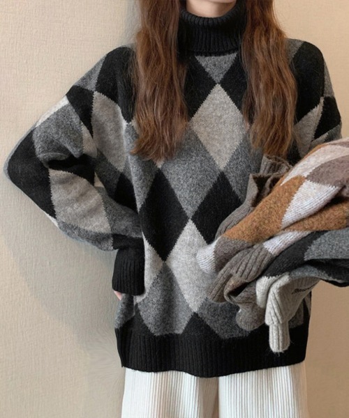 Miniministore(ミニミニストア)の「タートルネックニットトップス アーガイル(ニット/セーター・レディース・ブラウン/ライトブラウン/グレー・フリー)」の6枚目の写真