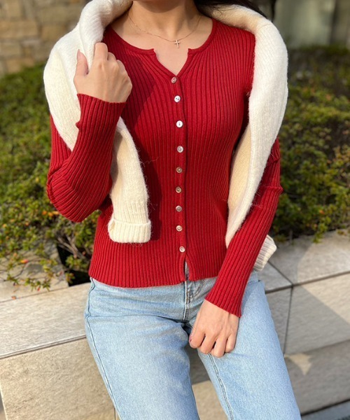 MODE ROBE(モードローブ)の「リブニットカーディガン(カーディガン/ボレロ・レディース・アイボリー/ブラック/ブルー/グリーン/ピンク/レッド・FREE)」の6枚目の写真