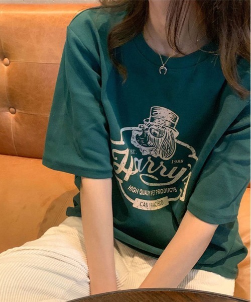 kirakiraShop(キラキラショップ)の「ヴィンテージ ロゴ プリント Tシャツ(Tシャツ/カットソー・レディース・グリーン/ホワイト/ブラウン系その他/チャコール・L/M/XL)」の1枚目の写真