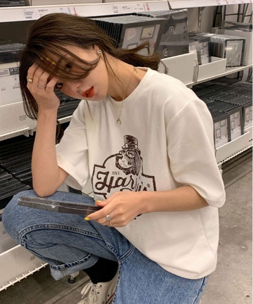 kirakiraShop(キラキラショップ)の「ヴィンテージ ロゴ プリント Tシャツ(Tシャツ/カットソー・レディース・グリーン/ホワイト/ブラウン系その他/チャコール・L/M/XL)」の9枚目の写真