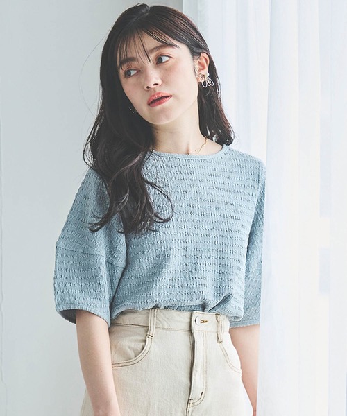 mil(ミル)の「【150㎝前後の小柄さんサイズ】ぽこぽこランタンスリーブトップス【さらっと涼しい】(Tシャツ/カットソー・レディース・モカ/オフホワイト/サックスブルー/ブラック/チャコール/ブルー・S/XS)」の5枚目の写真