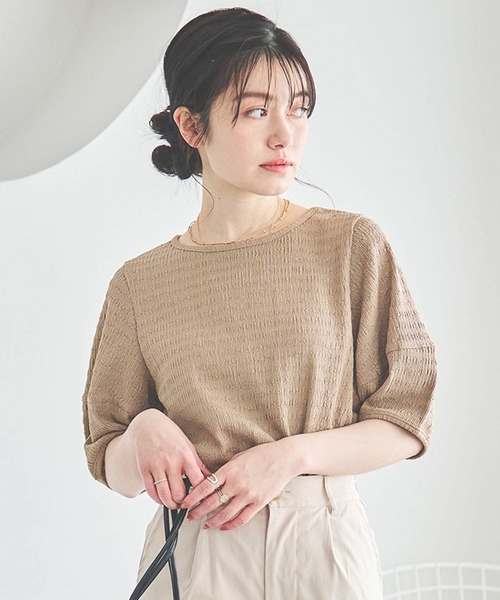 mil(ミル)の「【150㎝前後の小柄さんサイズ】ぽこぽこランタンスリーブトップス【さらっと涼しい】(Tシャツ/カットソー・レディース・モカ/オフホワイト/サックスブルー/ブラック/チャコール/ブルー・S/XS)」の4枚目の写真