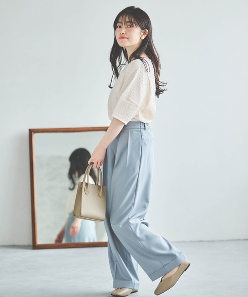 mil(ミル)の「【150㎝前後の小柄さんサイズ】ぽこぽこランタンスリーブトップス【さらっと涼しい】(Tシャツ/カットソー・レディース・モカ/オフホワイト/サックスブルー/ブラック/チャコール/ブルー・S/XS)」の9枚目の写真