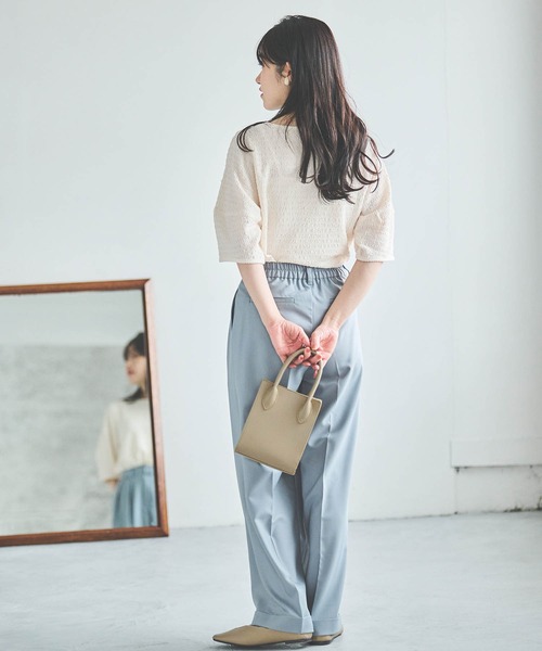 mil(ミル)の「【150㎝前後の小柄さんサイズ】ぽこぽこランタンスリーブトップス【さらっと涼しい】(Tシャツ/カットソー・レディース・モカ/オフホワイト/サックスブルー/ブラック/チャコール/ブルー・S/XS)」の10枚目の写真