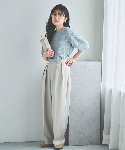 mil(ミル)の「【150㎝前後の小柄さんサイズ】ぽこぽこランタンスリーブトップス【さらっと涼しい】(Tシャツ/カットソー・レディース・モカ/オフホワイト/サックスブルー/ブラック/チャコール/ブルー・S/XS)」の20枚目の写真