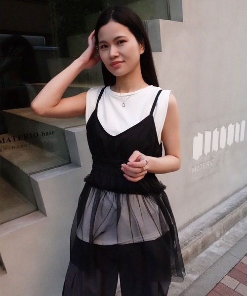 CORNERS（コーナーズ）の「チュールシアーキャミソール（キャミソール・レディース・ブラック/チャコールグレー/オフホワイト・M）」の9枚目の写真