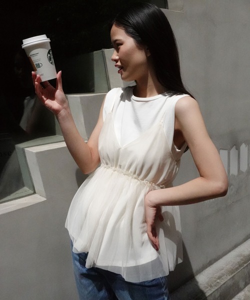 CORNERS（コーナーズ）の「チュールシアーキャミソール（キャミソール・レディース・ブラック/チャコールグレー/オフホワイト・M）」の17枚目の写真