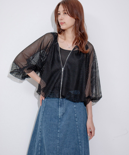 Jayro(ジャイロ)の「メッシュブルゾン(ノーカラージャケット・レディース・ブラック/ホワイト系その他・M)」の2枚目の写真
