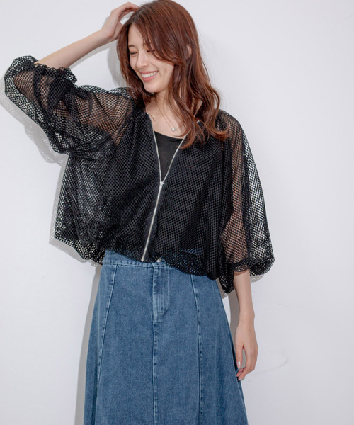 Jayro(ジャイロ)の「メッシュブルゾン(ノーカラージャケット・レディース・ブラック/ホワイト系その他・M)」の3枚目の写真