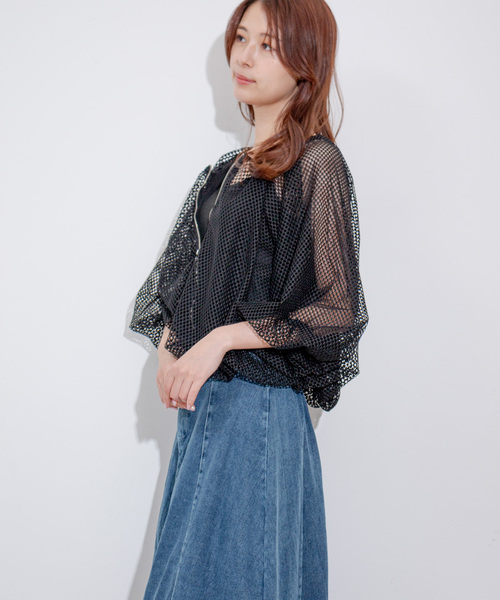 Jayro(ジャイロ)の「メッシュブルゾン(ノーカラージャケット・レディース・ブラック/ホワイト系その他・M)」の4枚目の写真