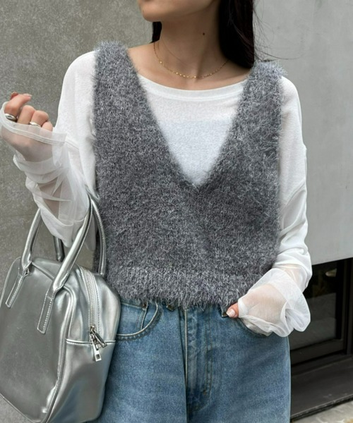 CIAOPANIC TYPY（チャオパニックティピー）の「【WEB限定】ミックスフェザーヤーン2WAYリボンニットビスチェ（ベスト・レディース・カーキ/オフホワイト/レッド/グレー/ブラック・ONE SIZE）」の3枚目の写真