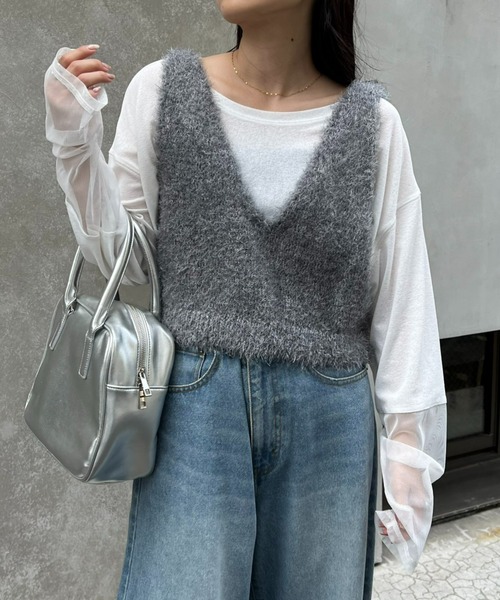 CIAOPANIC TYPY（チャオパニックティピー）の「【WEB限定】ミックスフェザーヤーン2WAYリボンニットビスチェ（ベスト・レディース・カーキ/オフホワイト/レッド/グレー/ブラック・ONE SIZE）」の19枚目の写真