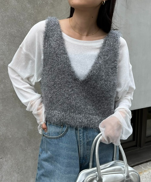 CIAOPANIC TYPY（チャオパニックティピー）の「【WEB限定】ミックスフェザーヤーン2WAYリボンニットビスチェ（ベスト・レディース・カーキ/オフホワイト/レッド/グレー/ブラック・ONE SIZE）」の21枚目の写真