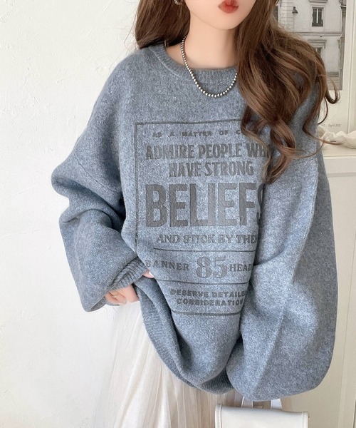 classicalelf(クラシカルエルフ)の「着まわし力抜群。前後2wayロゴプリントダブルジャガードニット(ニット/セーター・レディース・チャコール/ライトグレー/ベージュ/パープル/ブラウン/ブルー・SMALL/LARGE/MEDIUM/X-LARGE)」の10枚目の写真