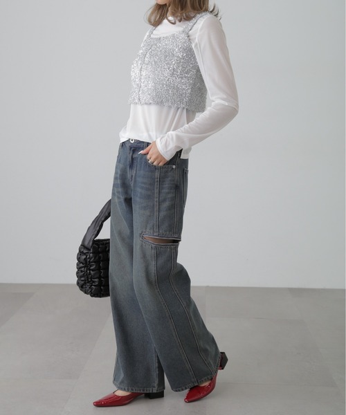 FREE'S MART(フリーズマート)の「ローライズパネルカットデニム(デニムパンツ・レディース・ケミカルウォッシュ/ブルー系その他・SMALL/MEDIUM)」の10枚目の写真