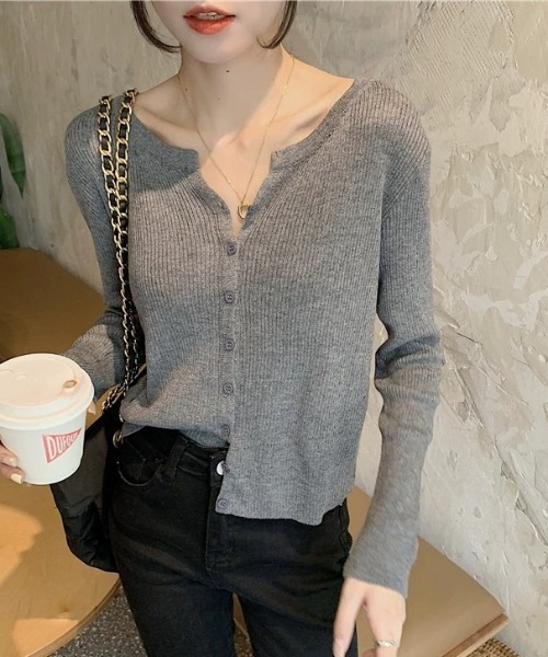 グレー ニットカーディガン 長袖 フロントボタン セール】フロントボタンシャギーカーディガン（カーディガン/ボレロ