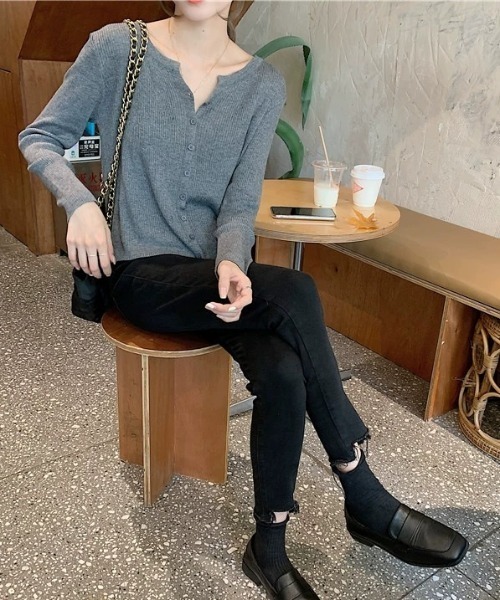 グレー ニットカーディガン 長袖 フロントボタン 3color 】フロントボタンシアーショートカーディガン ／ front botton