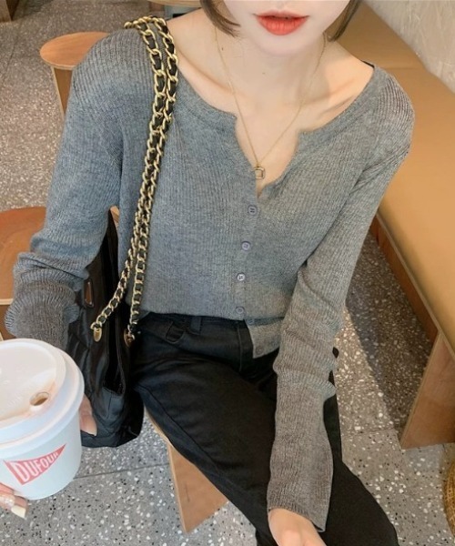 グレー ニットカーディガン 長袖 フロントボタン セール】フロントボタンリブVネックニット（カーディガン/トップス
