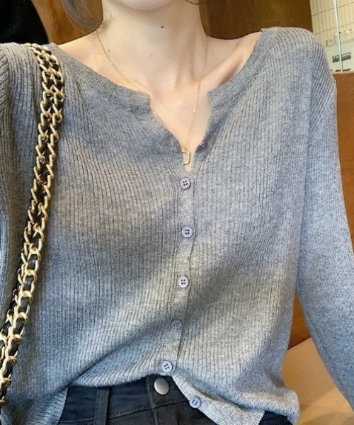 セール】フロントボタンリブVネックニット（カーディガン/トップス