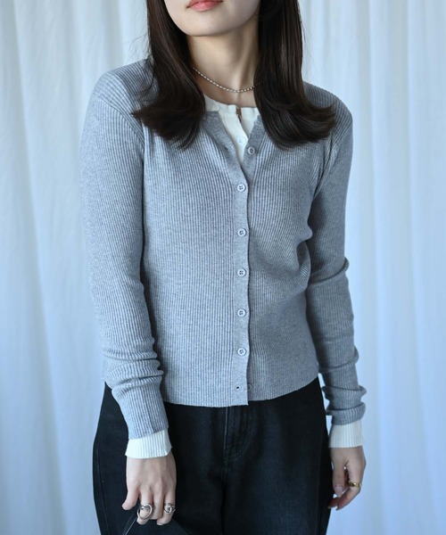 セール】フロントボタンリブVネックニット（カーディガン/トップス