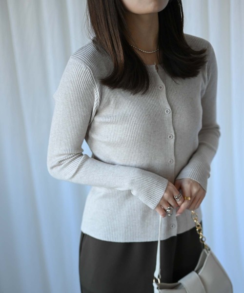 セール】フロントボタンリブVネックニット（カーディガン/トップス
