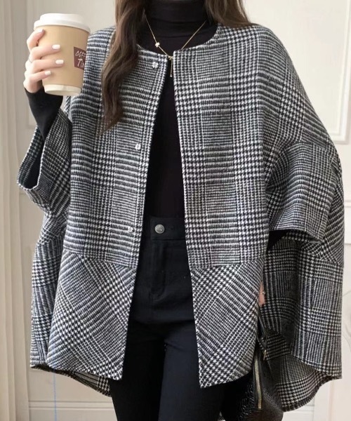 sakishimatokyo（サキシマトーキョー）の「グレンチェックフレア切り替えポンチョ（ポンチョ・レディース・レッド/ブラック/ブルー・FREE）」の2枚目の写真