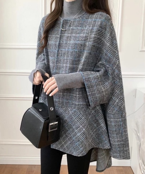 sakishimatokyo（サキシマトーキョー）の「グレンチェックフレア切り替えポンチョ（ポンチョ・レディース・レッド/ブラック/ブルー・FREE）」の6枚目の写真