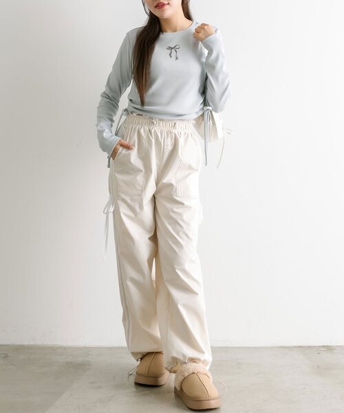 OLIVE des OLIVE（オリーブデオリーブ）の「テレコ裾脇ドロストTシャツ（Tシャツ/カットソー・レディース・スミクロ/オフホワイト/トップグレー/サックスブルー・FREE）」の15枚目の写真