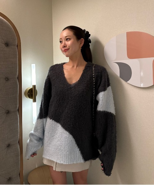 Per sist ence(パーシエンス)の「ブークレー3G起毛加工インターシャVネックプルオーバー(ニット/セーター・レディース・ブラック/チャコールグレー/ベージュ・FREE)」の14枚目の写真
