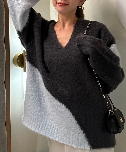 Per sist ence(パーシエンス)の「ブークレー3G起毛加工インターシャVネックプルオーバー(ニット/セーター・レディース・ブラック/チャコールグレー/ベージュ・FREE)」の18枚目の写真