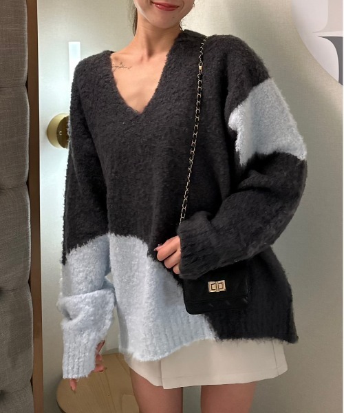 セール】ブークレー3G起毛加工インターシャVネックプルオーバー