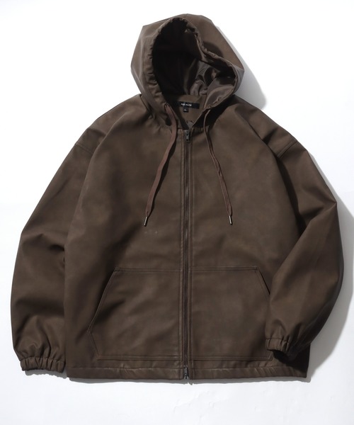 Salong hameu(サロン ハミュー)の「ヴィンテージライク ケミカル加工フェイクレザーブルゾンパーカー/合皮/PU/ライトアウター メンズ レディース ユニセックス(ブルゾン・メンズ・ブラウン系その他/ブラック系その他・M/L)」の7枚目の写真