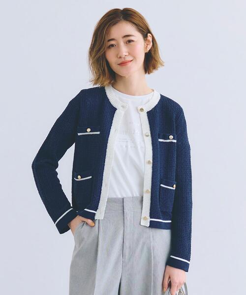 grove(グローブ)の「バイカラーニットジャケット(カーディガン/ボレロ・レディース・オフホワイト/ネイビー・03/02/01/04/05)」の1枚目の写真