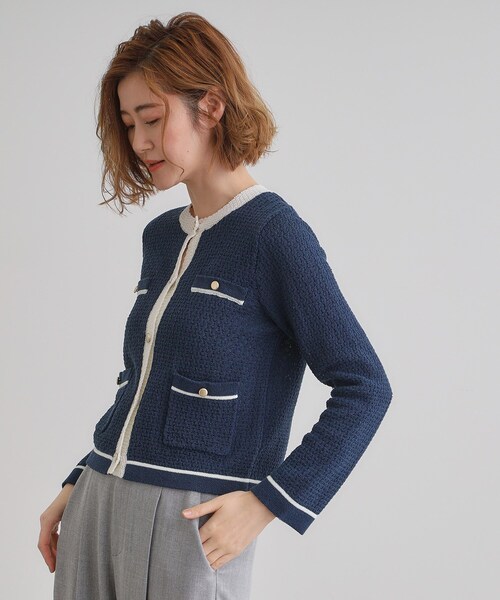 grove(グローブ)の「バイカラーニットジャケット(カーディガン/ボレロ・レディース・オフホワイト/ネイビー・03/02/01/04/05)」の9枚目の写真