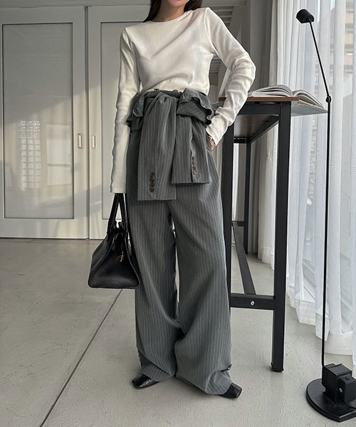 frill shoulder stripe ribbon tie all-in-one（つなぎ