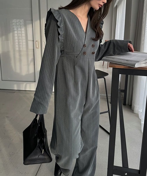 frill shoulder stripe ribbon tie all-in-one（つなぎ/オールインワン