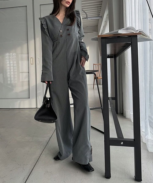 セール】frill shoulder stripe ribbon tie all-in-one（つなぎ