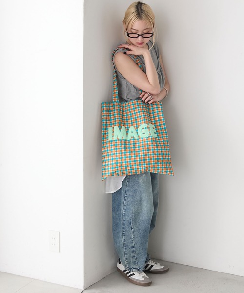 入荷なう forksy.】サガラ刺繍 チェック柄 ビッグロゴ トートバッグ バッグ