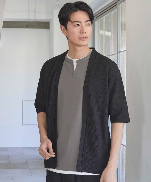 UNION STATION（ユニオンステーション）の「シアージャガード5分袖ボタンレスカーディガン（カーディガン/ボレロ・メンズ・ベージュ/ブラック・M/L/LL）」の3枚目の写真