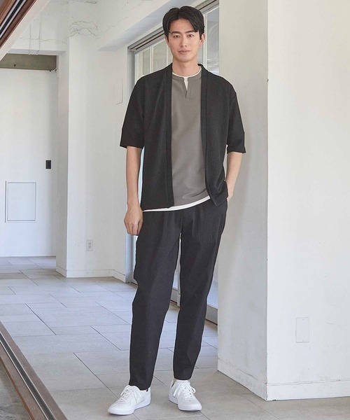 UNION STATION（ユニオンステーション）の「シアージャガード5分袖ボタンレスカーディガン（カーディガン/ボレロ・メンズ・ベージュ/ブラック・M/L/LL）」の5枚目の写真