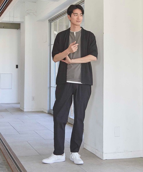 UNION STATION（ユニオンステーション）の「シアージャガード5分袖ボタンレスカーディガン（カーディガン/ボレロ・メンズ・ベージュ/ブラック・M/L/LL）」の6枚目の写真